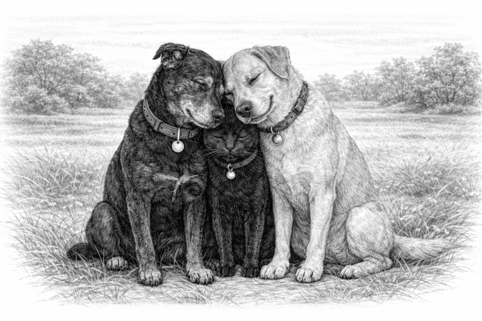 2 dogs and a cat huddled together 