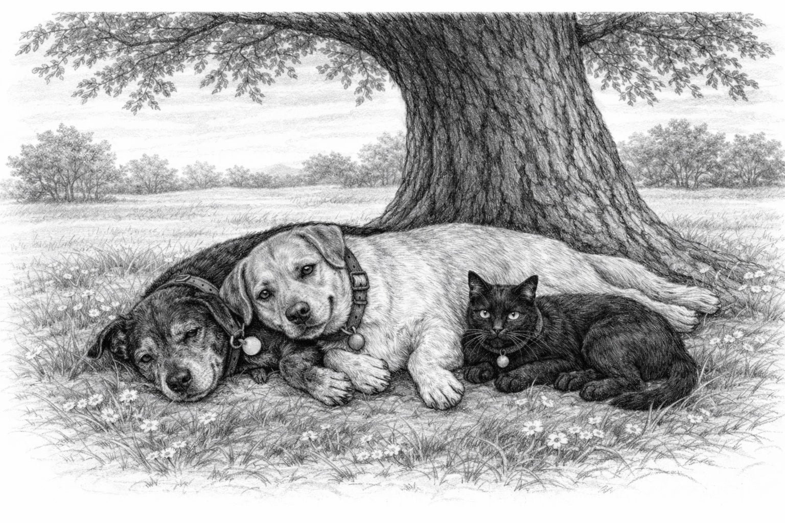 2 dogs and cat lying under tree